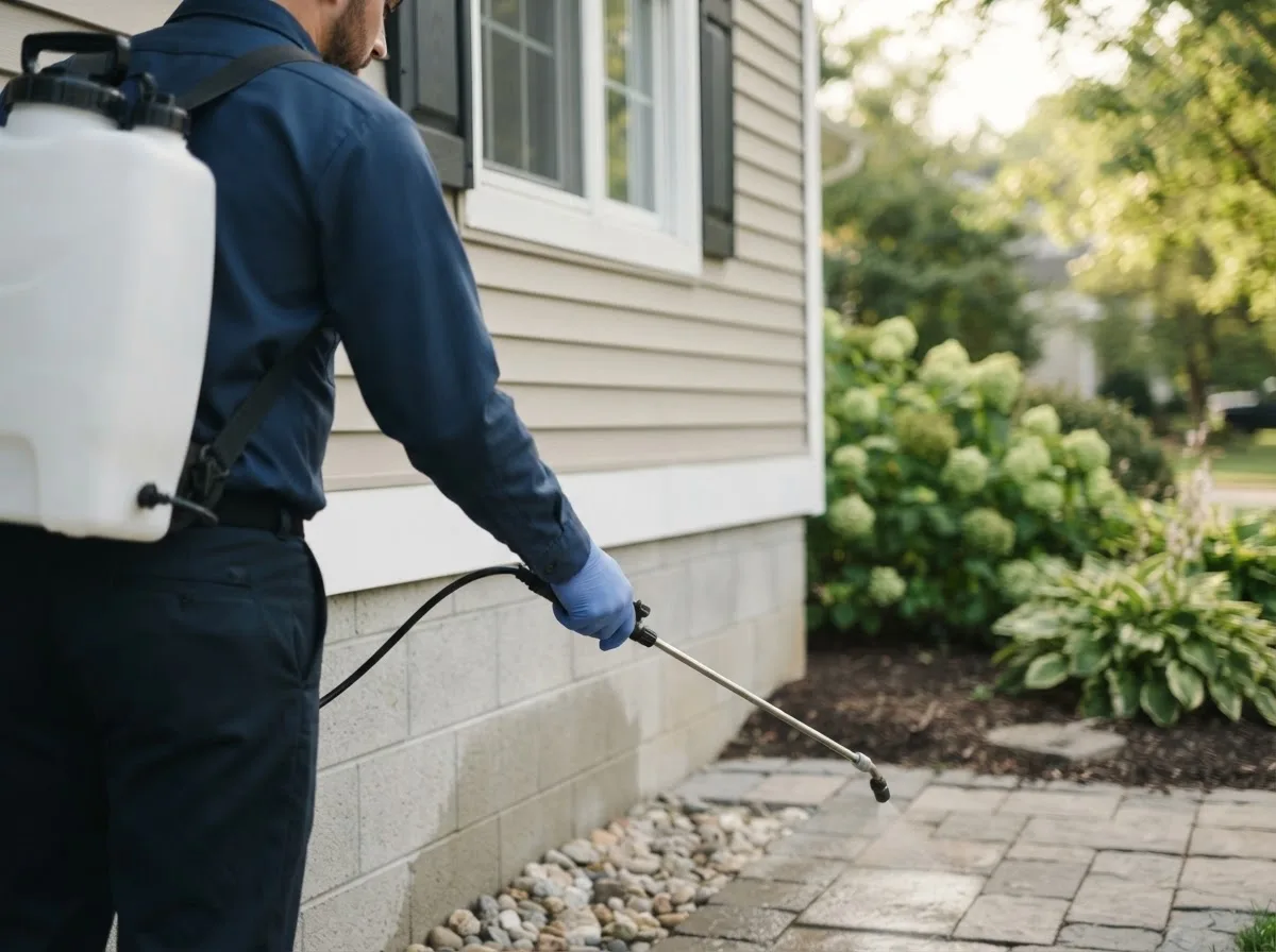 Pest control technician inspecting a home in Rangeley, ME